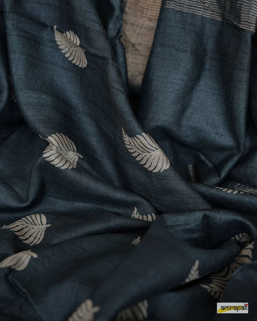 Women's Charcoal Grey Silk Saree with Golden Leaf Motifs