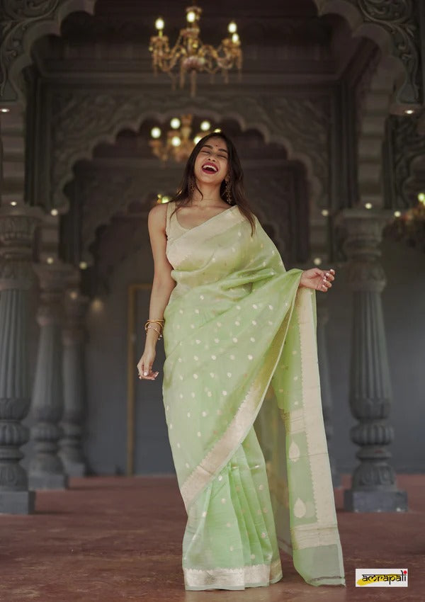 Women's Light Green Silk Saree with Golden Zari Border