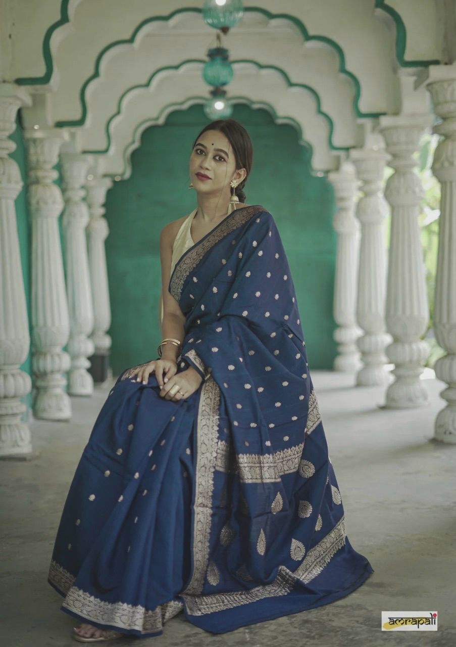 Women's Royal Blue Silk Saree with Golden Zari Border