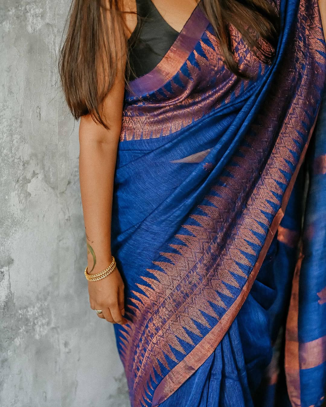 Women's Royal Blue Silk Saree with Copper Zari Border