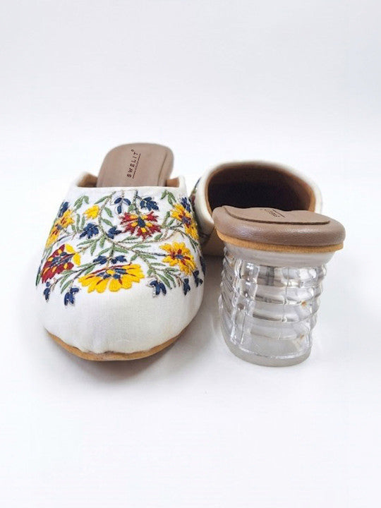 Women's White Floral Embroidered Transparent Block Heels