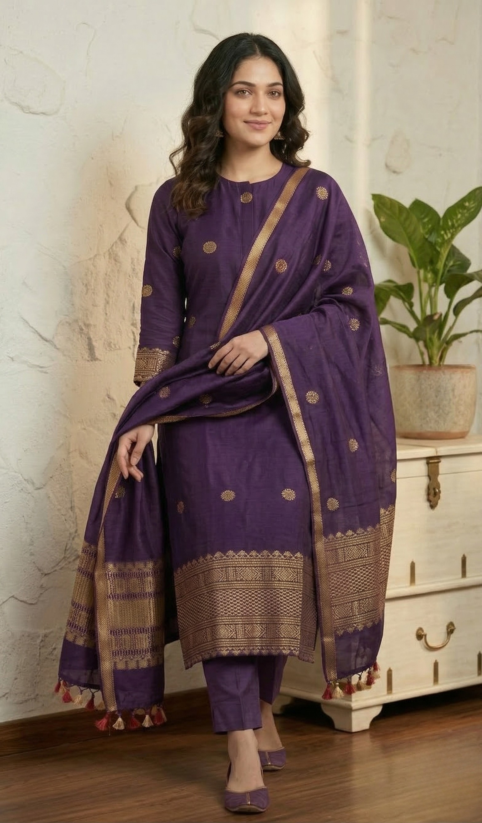 Elegant Purple Kurta Pant Set with Gold Motif Work & Border Dupatta