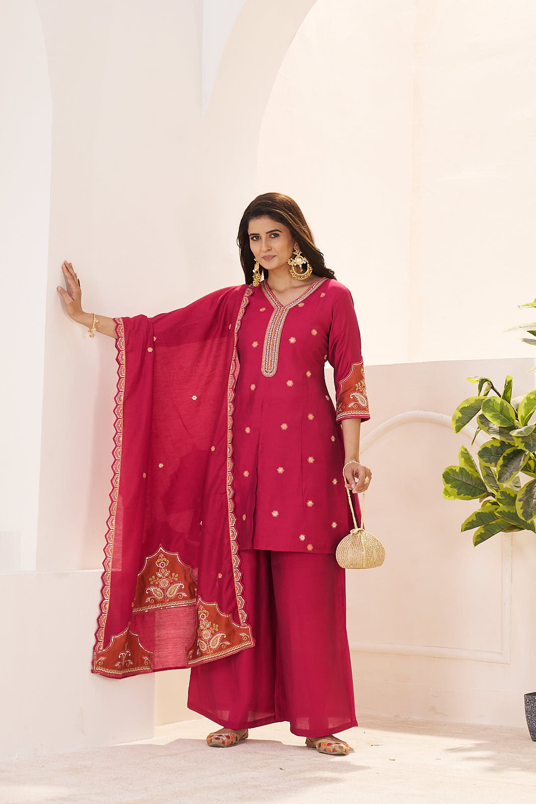 Pink Embroidered Viscose Suit Set with Printed Dupatta