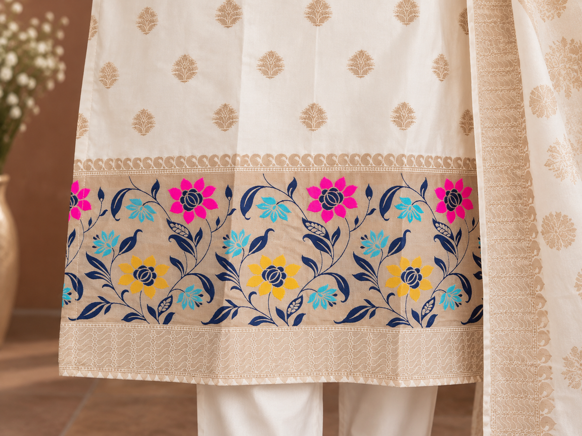 Elegant Ivory Gold Floral Printed Kurta Set with Dupatta for Women