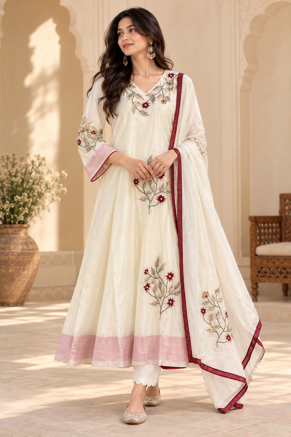 Ivory Floral Embroidered Anarkali Suit Set with Dupatta