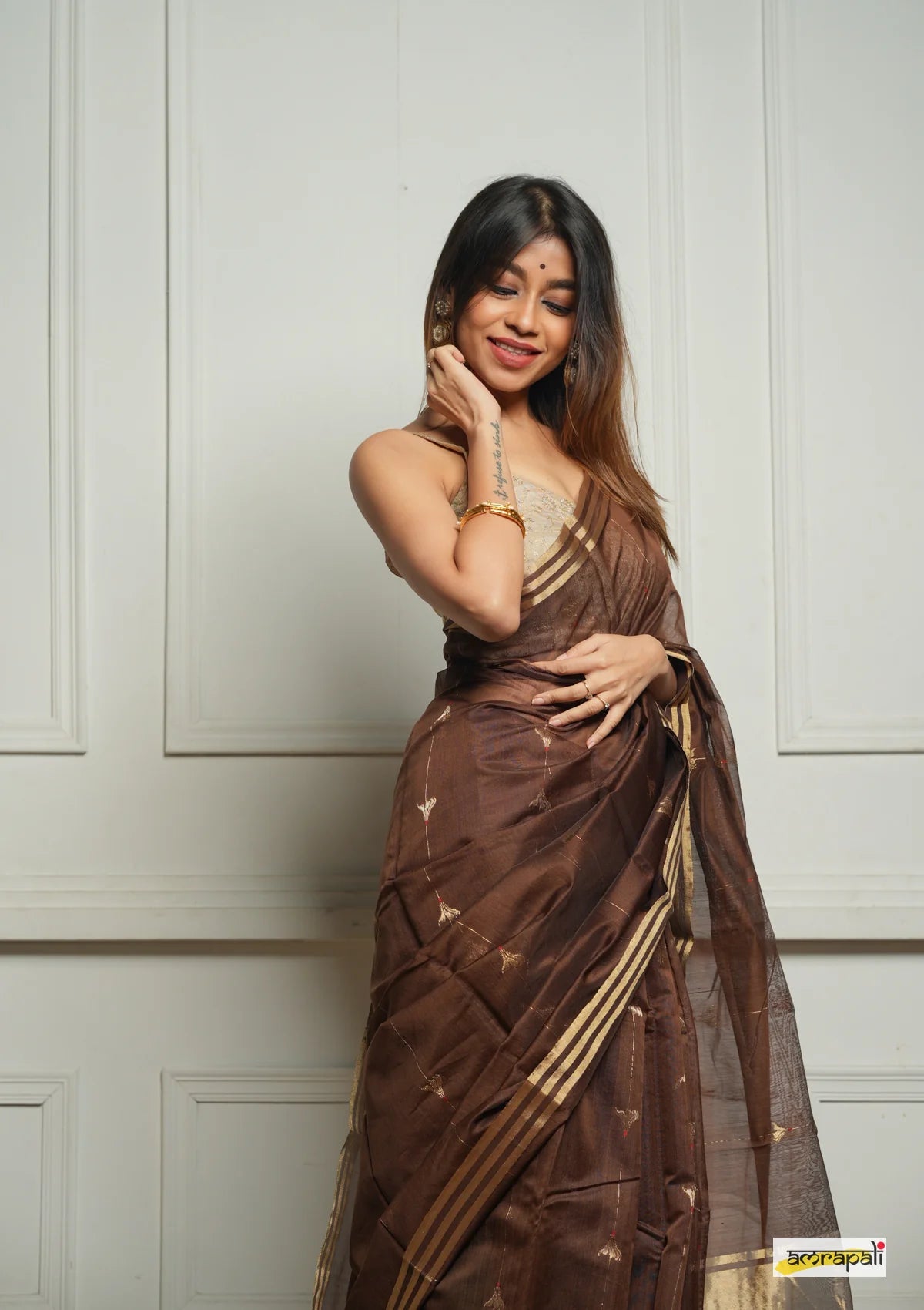 Women's Chocolate Brown Organza Saree with Golden Border