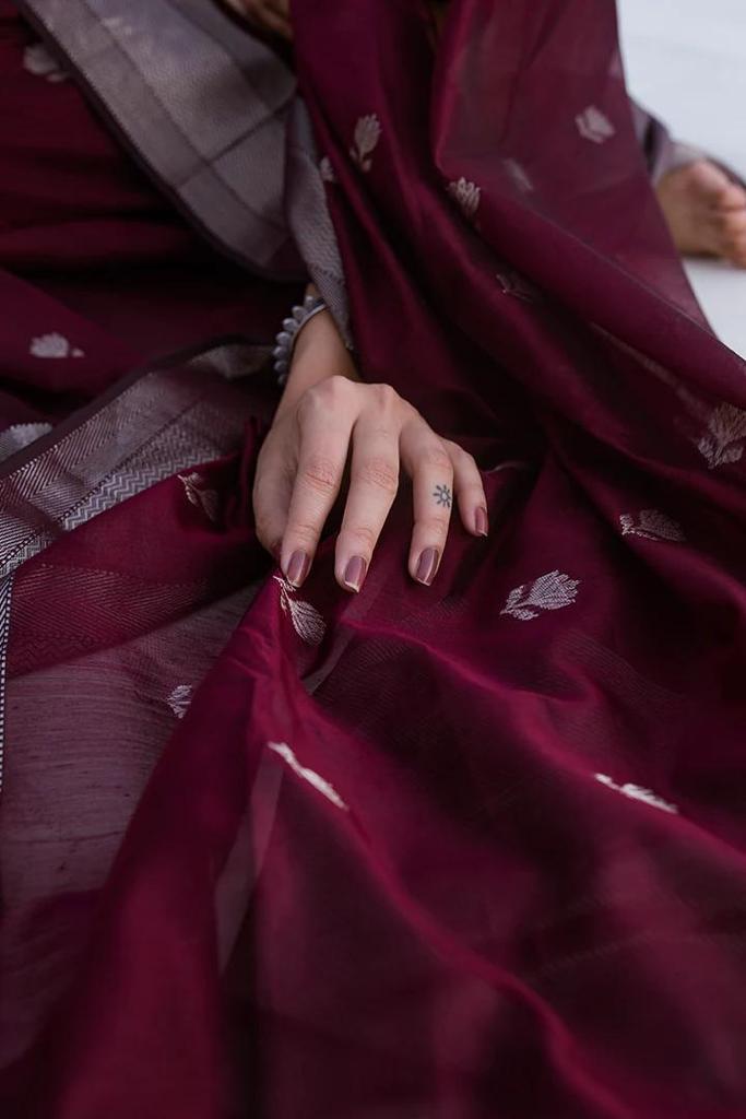Women's Emerald Wine Saree with Silver Zari Border