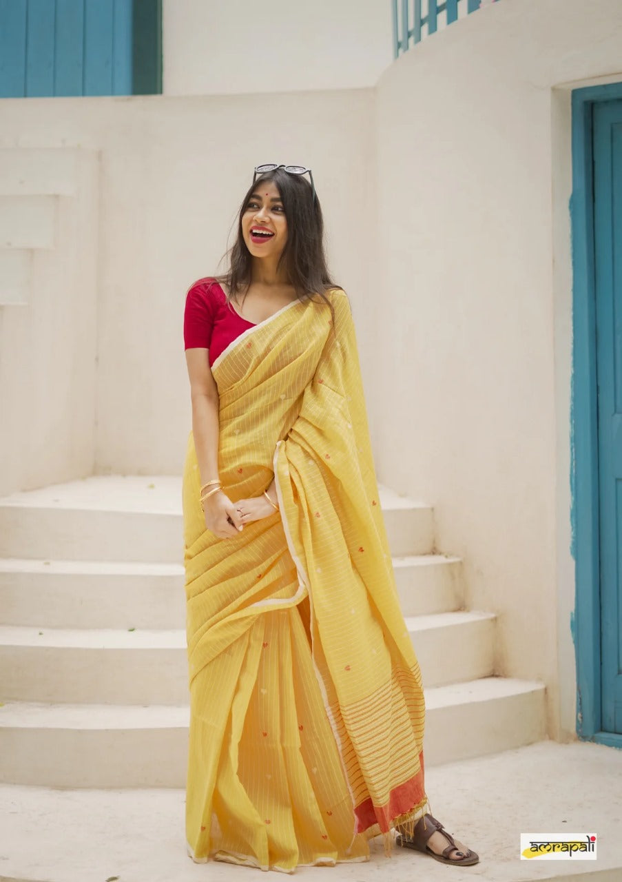 Women's Elegant Yellow Striped Saree with Contrast Red Blouse