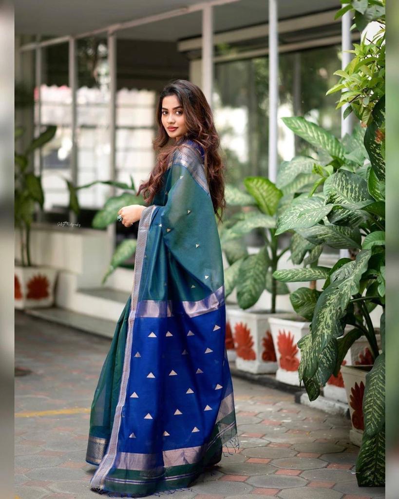 Teal Blue Kanjivaram Silk Saree with Royal Blue Zari Border