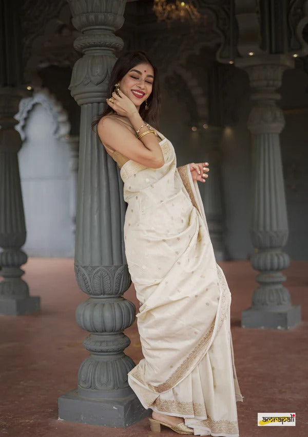 Women's Cream Silk Saree with Golden Zari Border