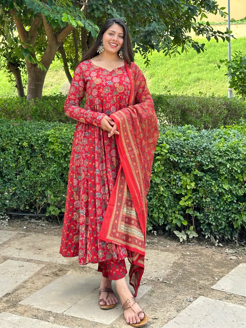 Red Floral Printed Anarkali Kurta Set with Matching Dupatta