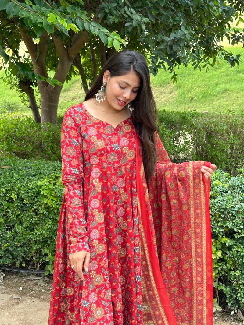 Red Floral Printed Anarkali Kurta Set with Matching Dupatta
