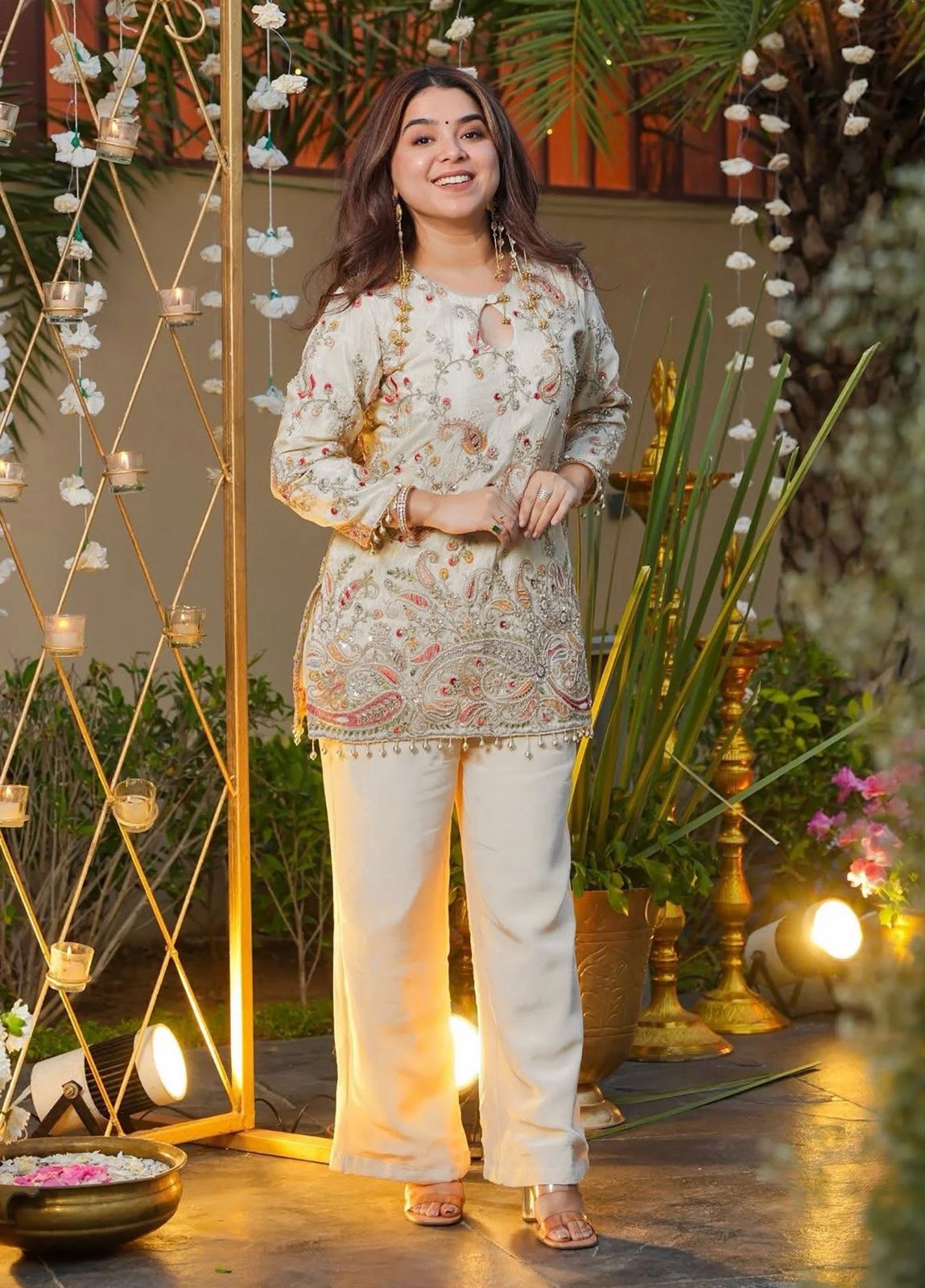 Women's Premium Embroidered Ivory Kurta & Palazzo Set