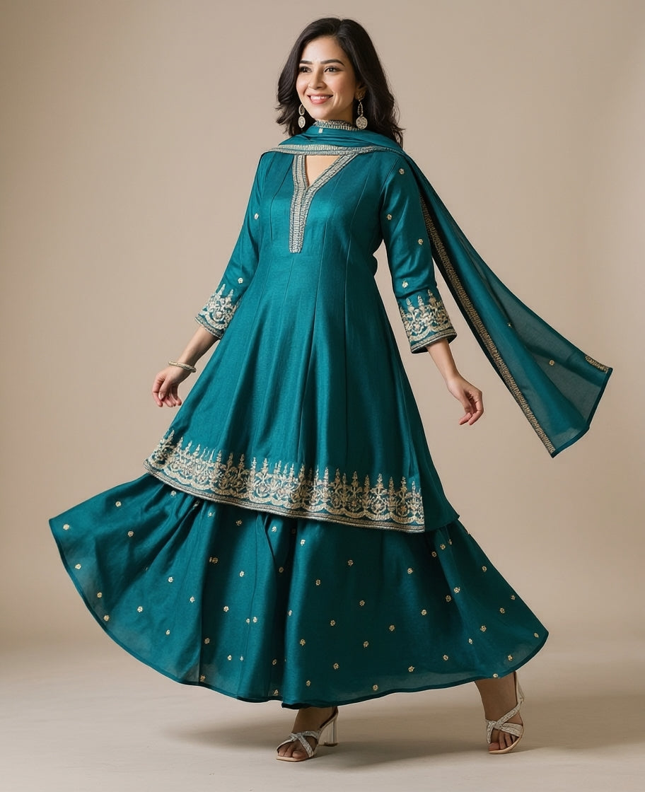 Women's Teal Blue Embroidered Anarkali Kurta with Sharara Set