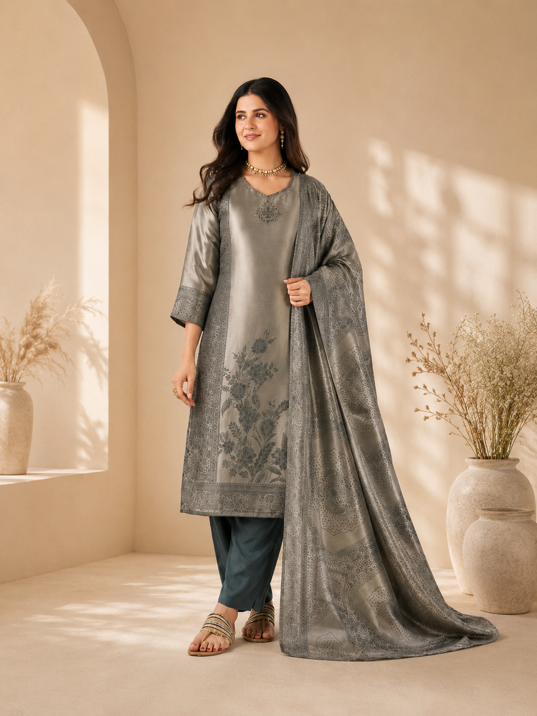 Women's Premium Sage Grey Woven Jacquard Straight Kurta Pant Set with Jacquard Dupatta