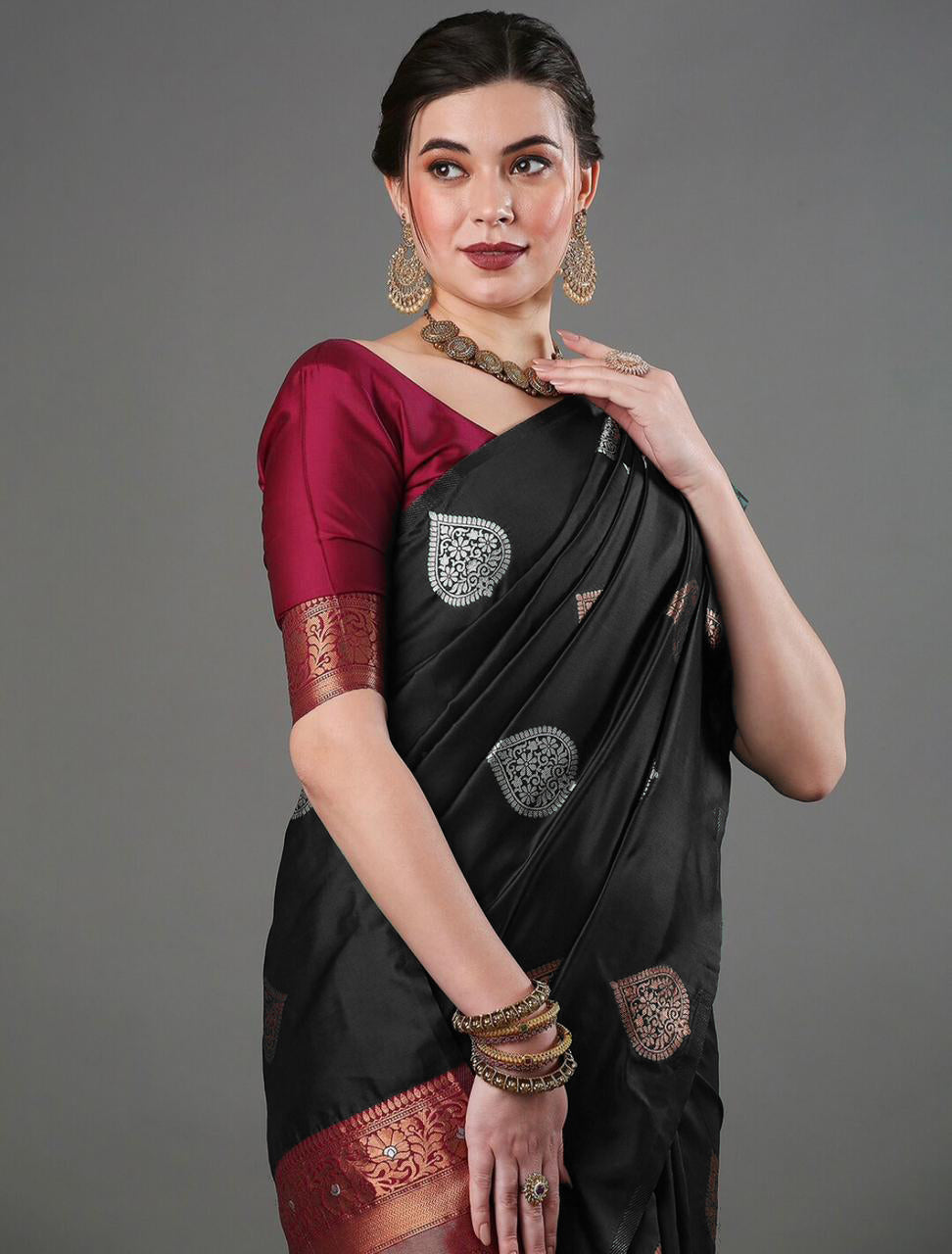 Elegant Black Silk Saree with Zari Motifs & Rich Copper Border