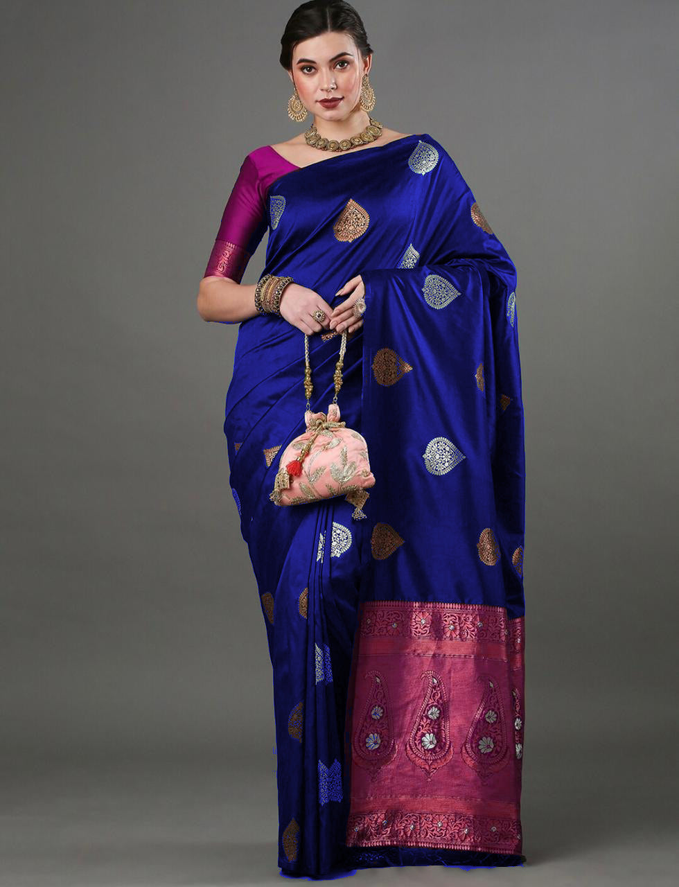 Elegant Blue Silk Saree with Zari Motifs & Rich Copper Border