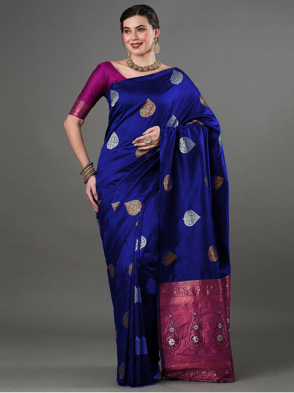 Elegant Blue Silk Saree with Zari Motifs & Rich Copper Border
