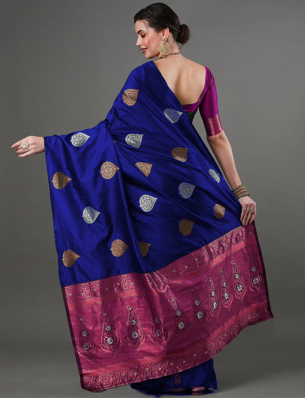 Elegant Blue Silk Saree with Zari Motifs & Rich Copper Border