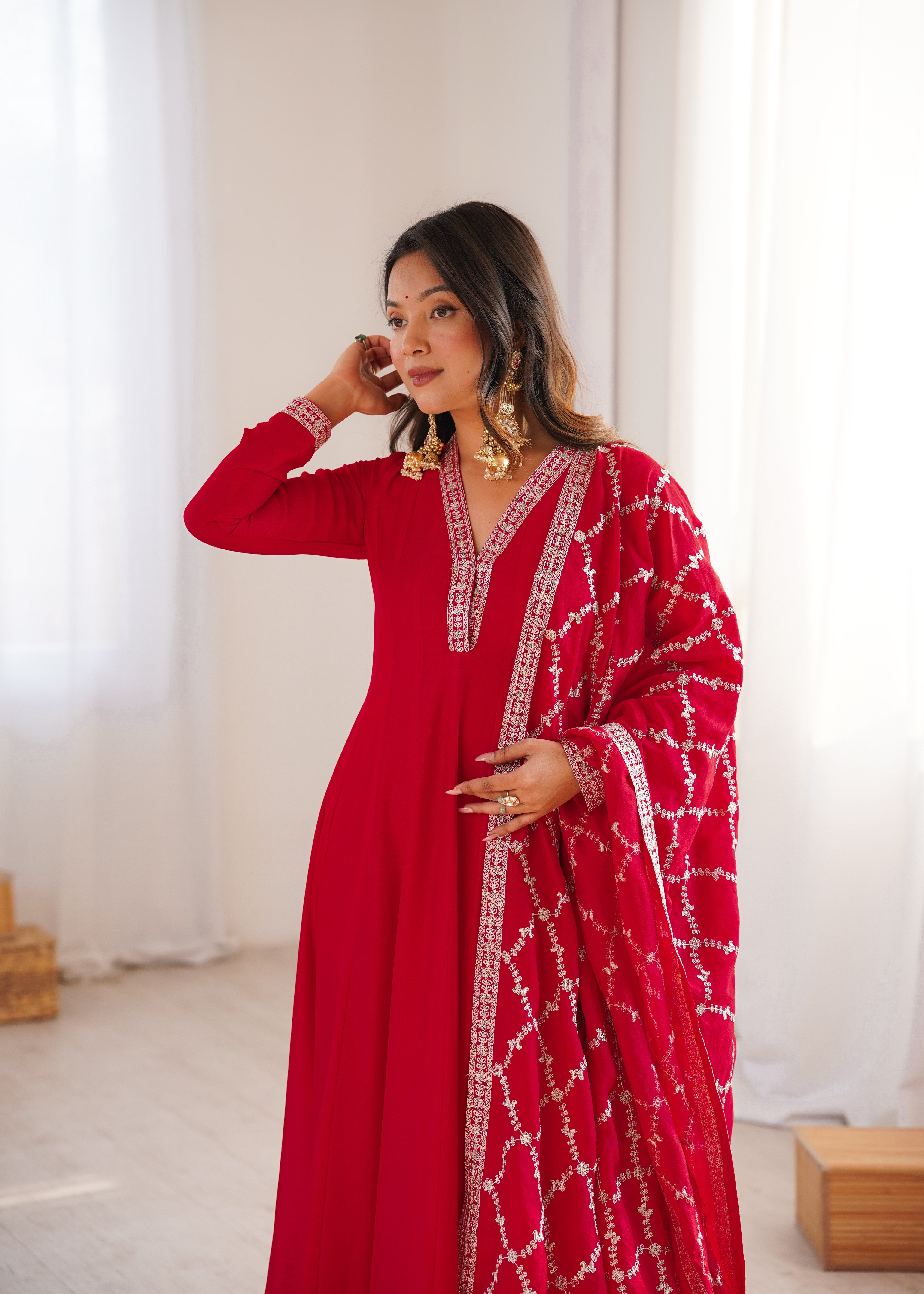 Red Embroidered Anarkali Suit Set with Dupatta – Festive & Party Wear