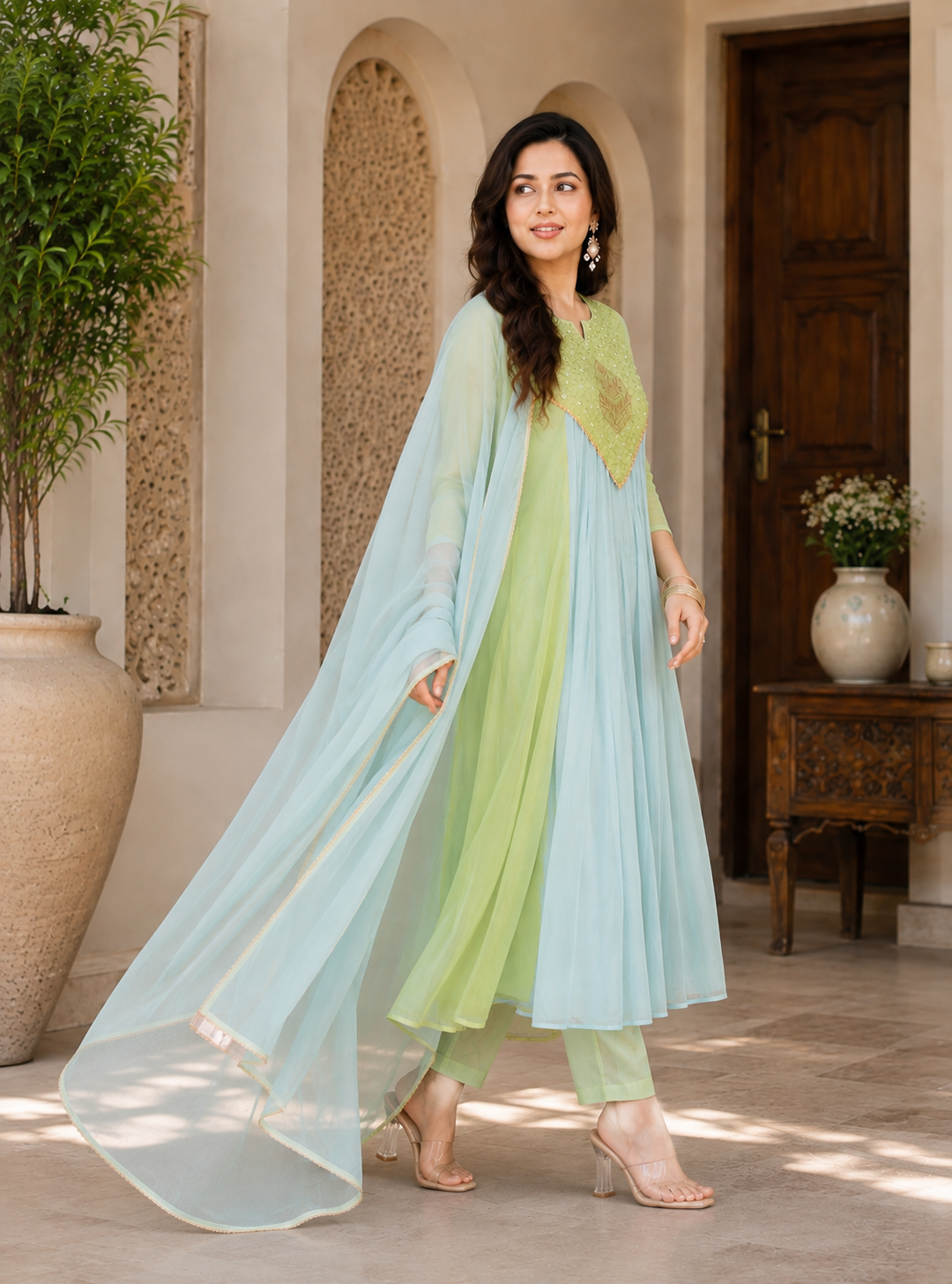 Sky Blue & Lime Green Embroidered Kurta Set with Dupatta for Women