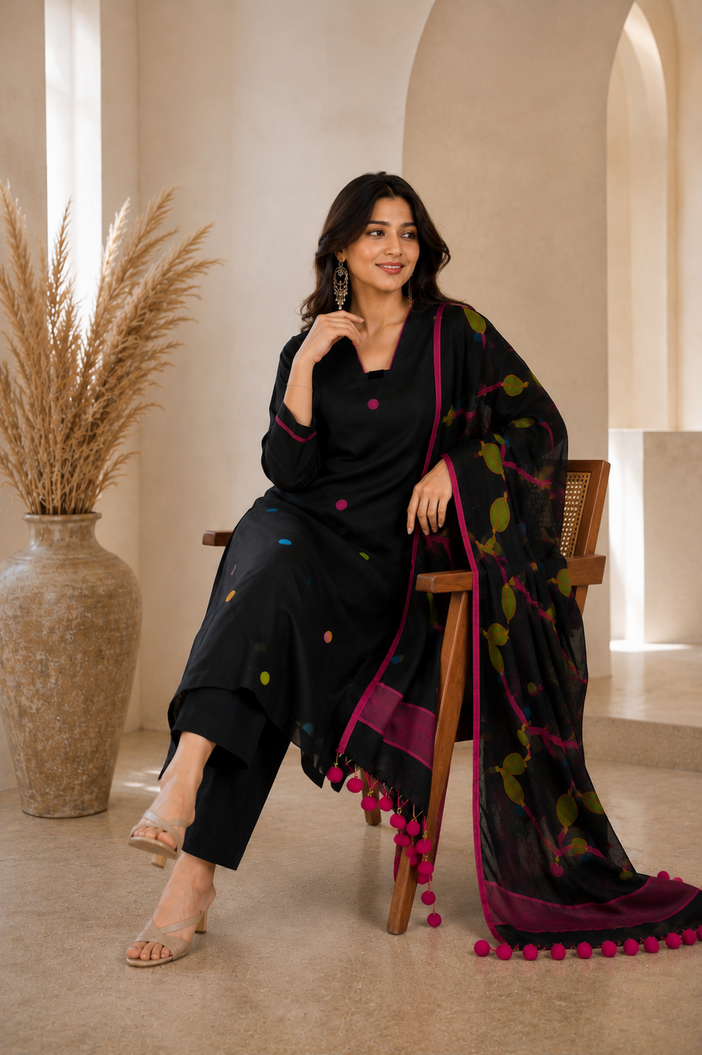 Black Printed Kurta Pant Set with Designer Dupatta