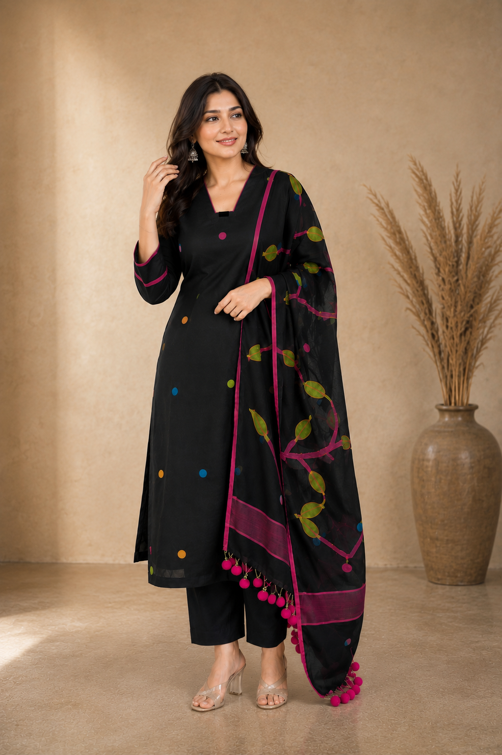 Black Printed Kurta Pant Set with Designer Dupatta