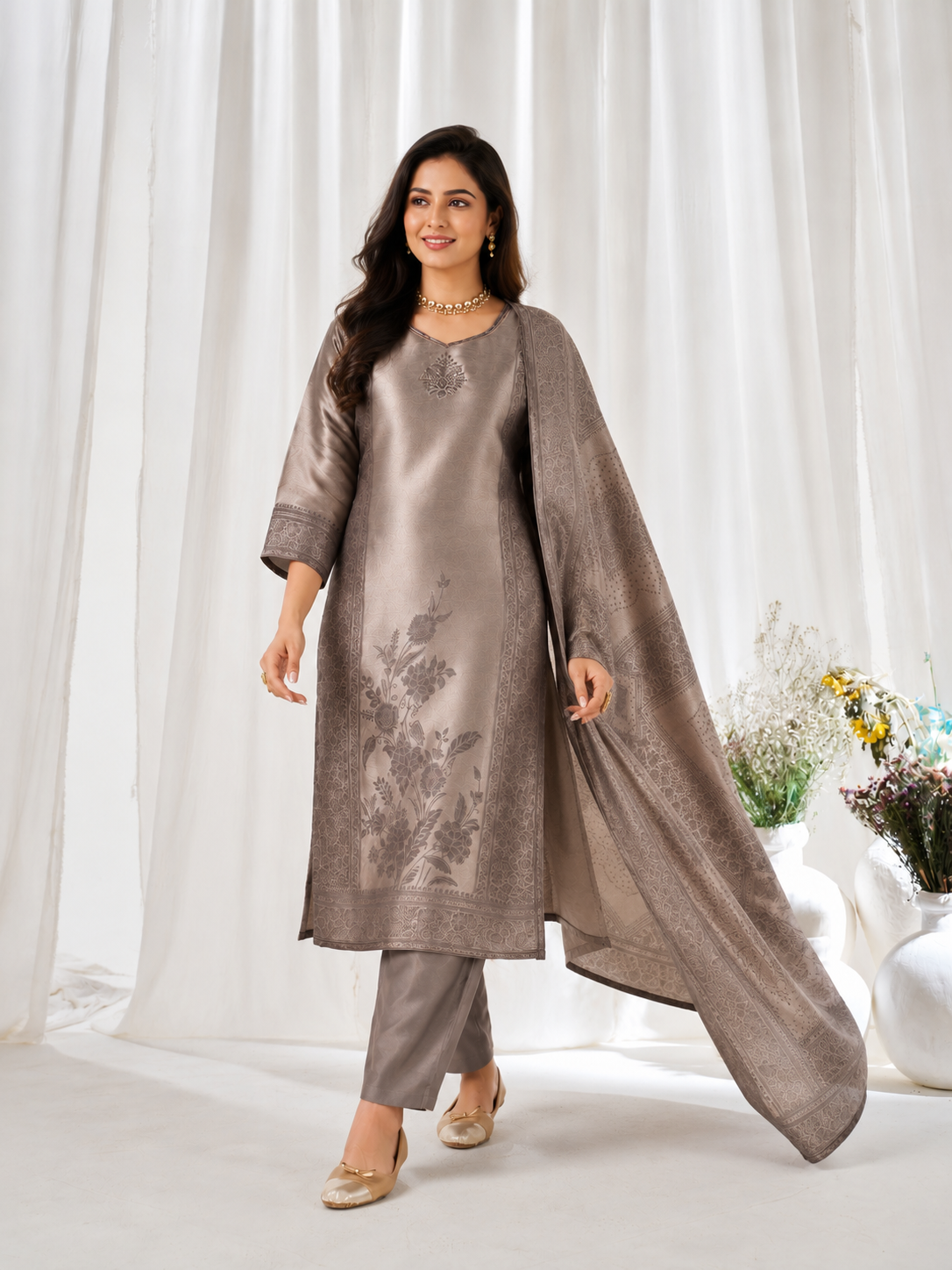 Women's Premium Taupe Woven Jacquard Straight Kurta Pant Set with Jacquard Dupatta