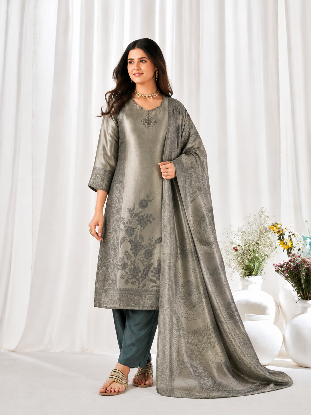 Women's Premium Sage Grey Woven Jacquard Straight Kurta Pant Set with Jacquard Dupatta