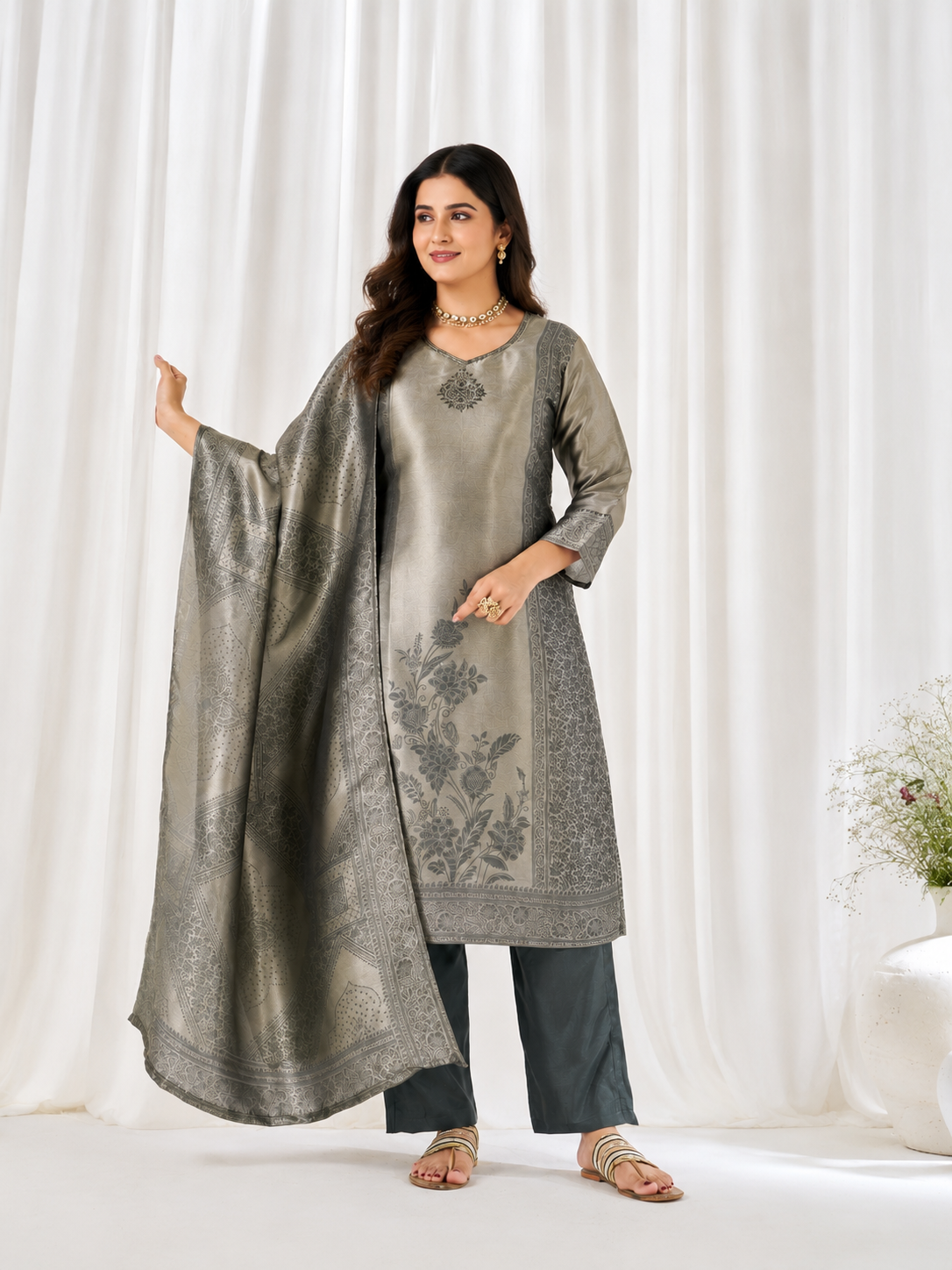Women's Premium Sage Grey Woven Jacquard Straight Kurta Pant Set with Jacquard Dupatta