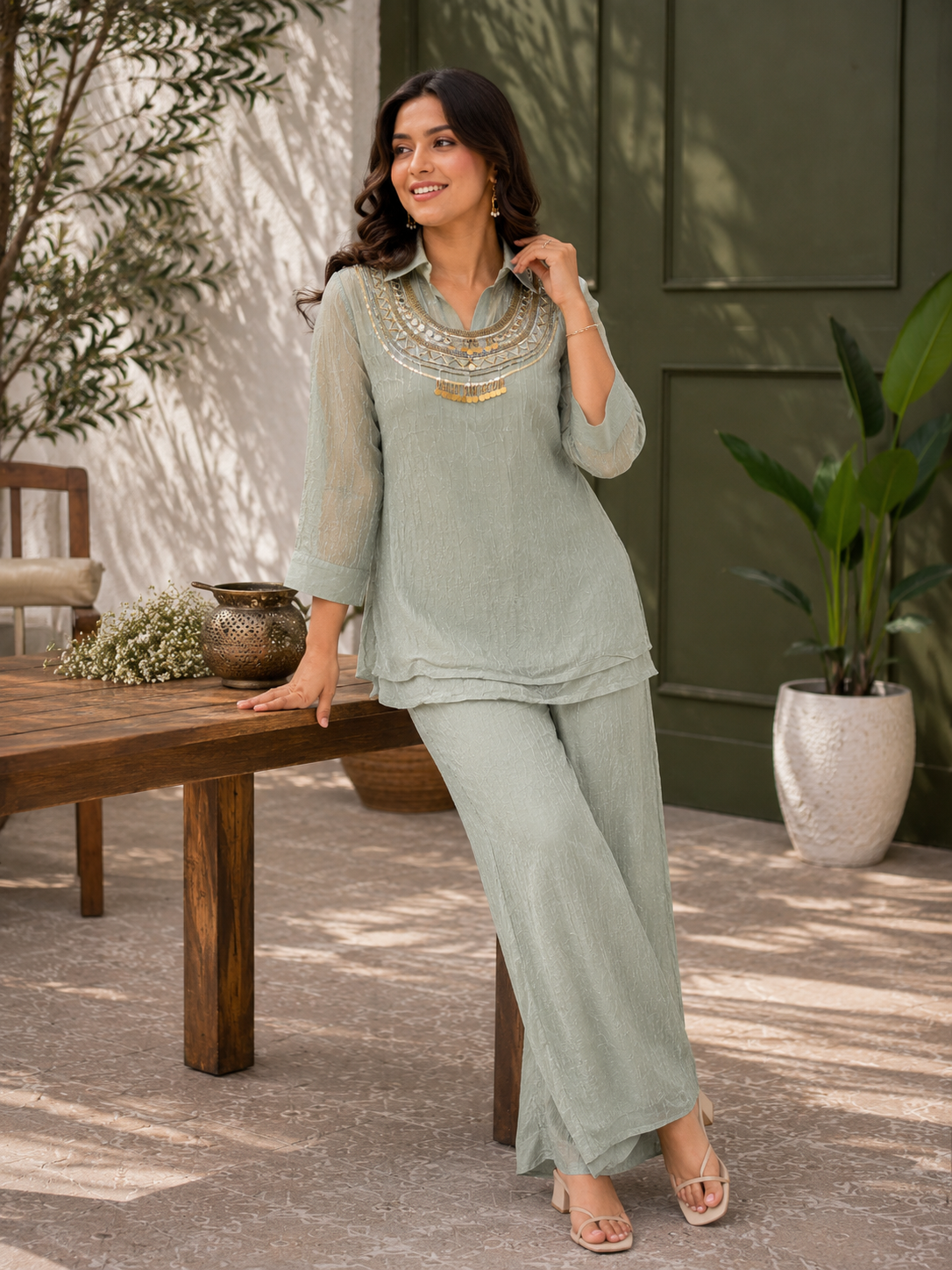 Women's Silver Embellished Co-Ord Set with Wide-Leg Pants