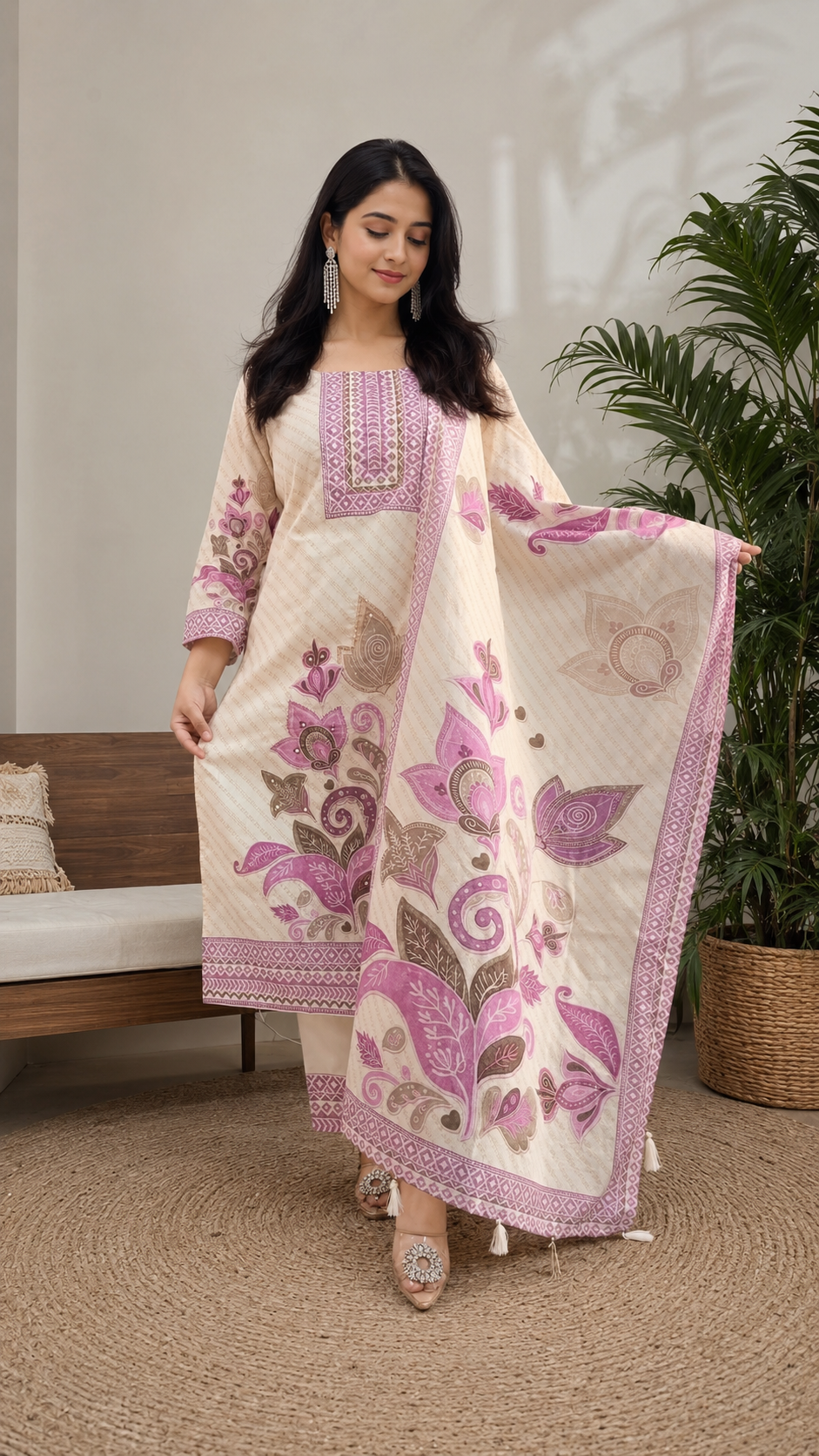 Women's Cream Floral Printed Straight Kurta Pant & Dupatta Set