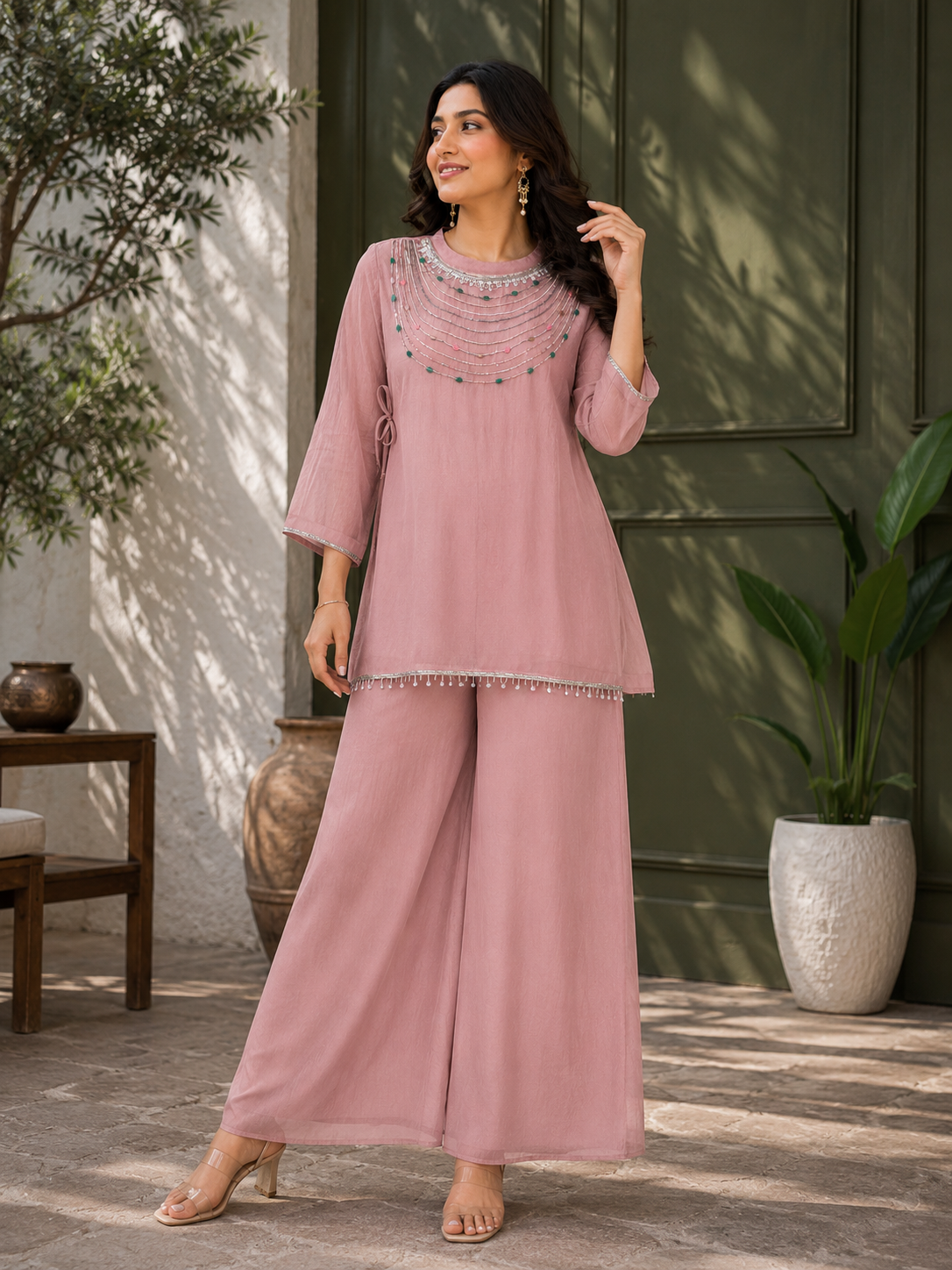 Women's Dusty Pink Hand Embellished Straight Kurta