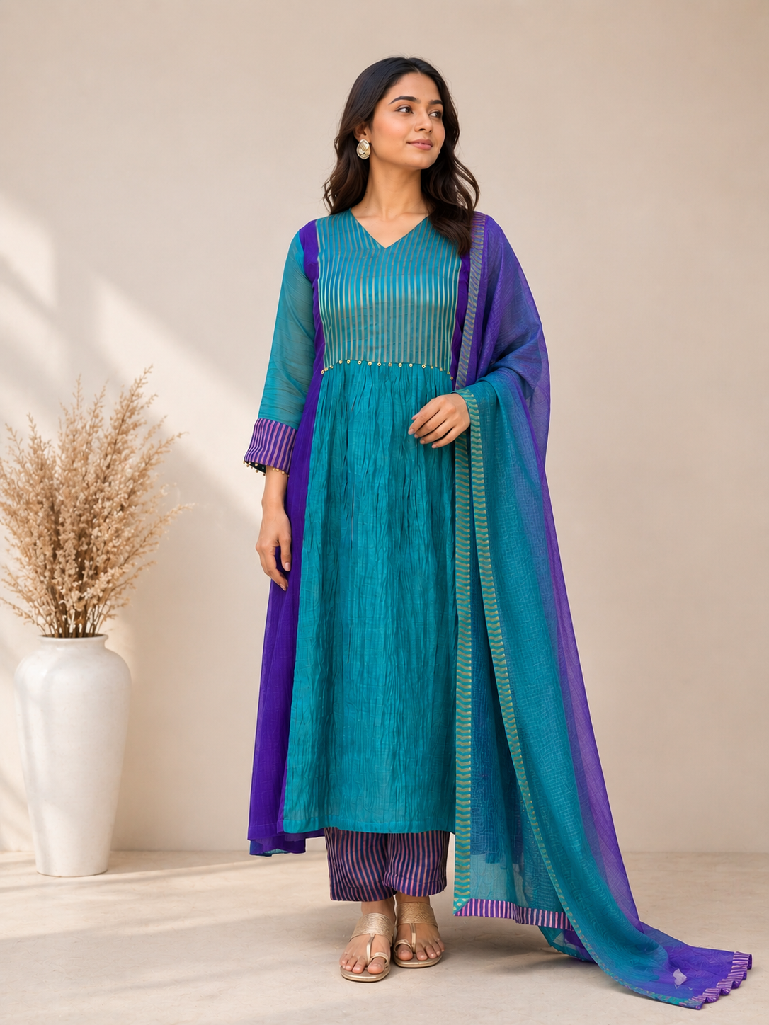 Women's Teal & Purple Mul Chanderi Anarkali Suit Set with Dupatta | Festive Ethnic Wear