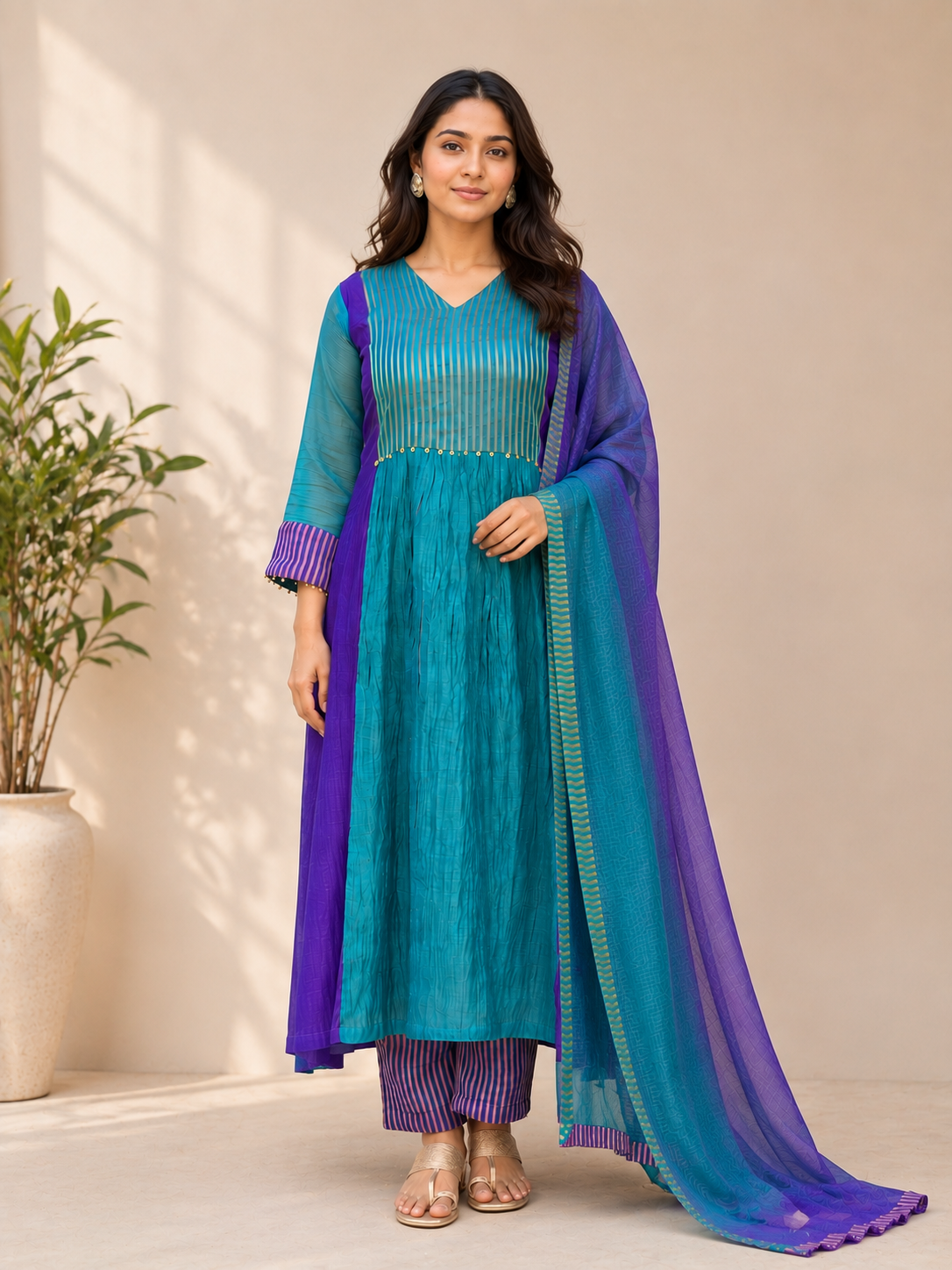 Women's Teal & Purple Mul Chanderi Anarkali Suit Set with Dupatta | Festive Ethnic Wear