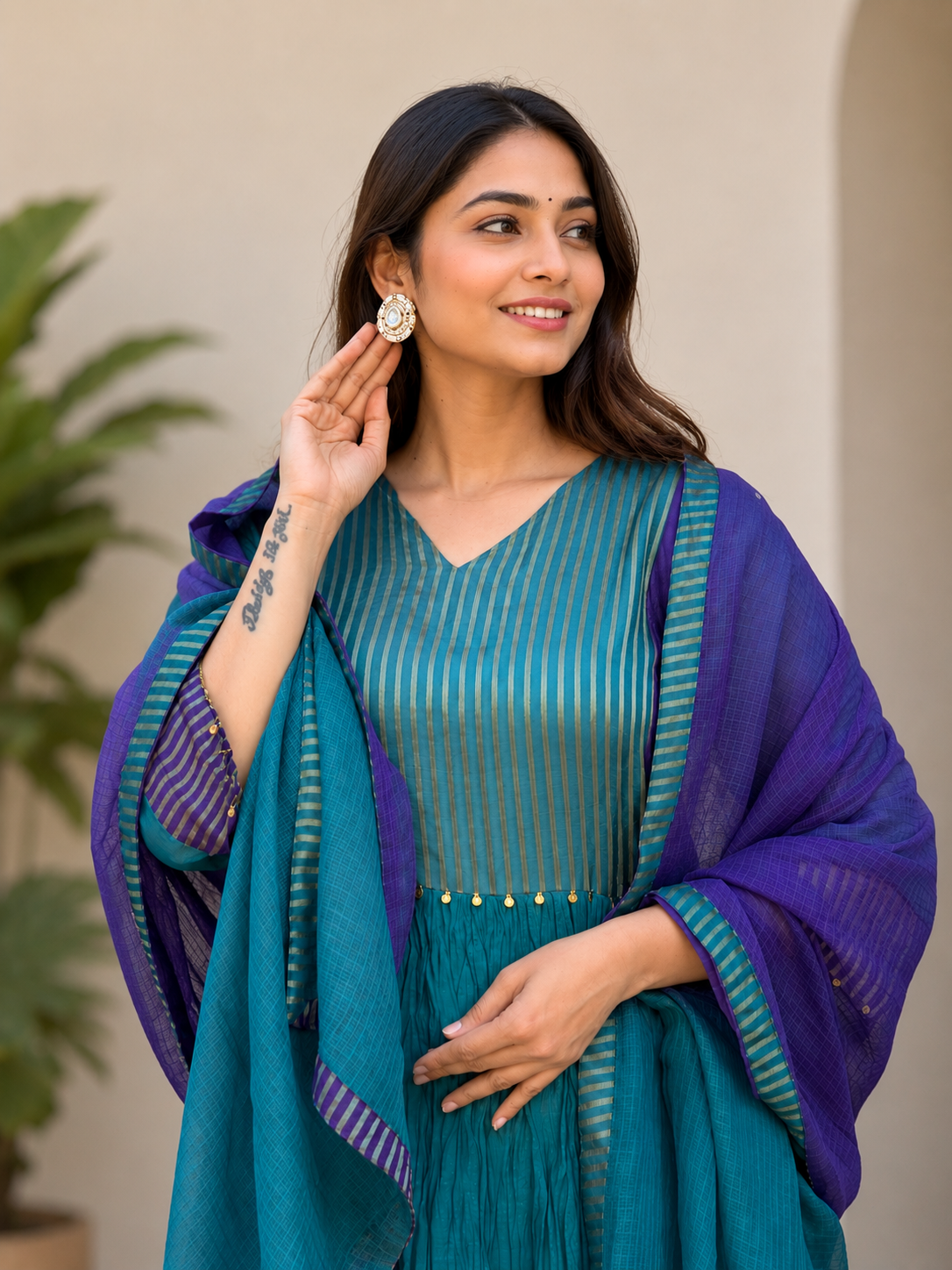 Women's Teal & Purple Mul Chanderi Anarkali Suit Set with Dupatta | Festive Ethnic Wear