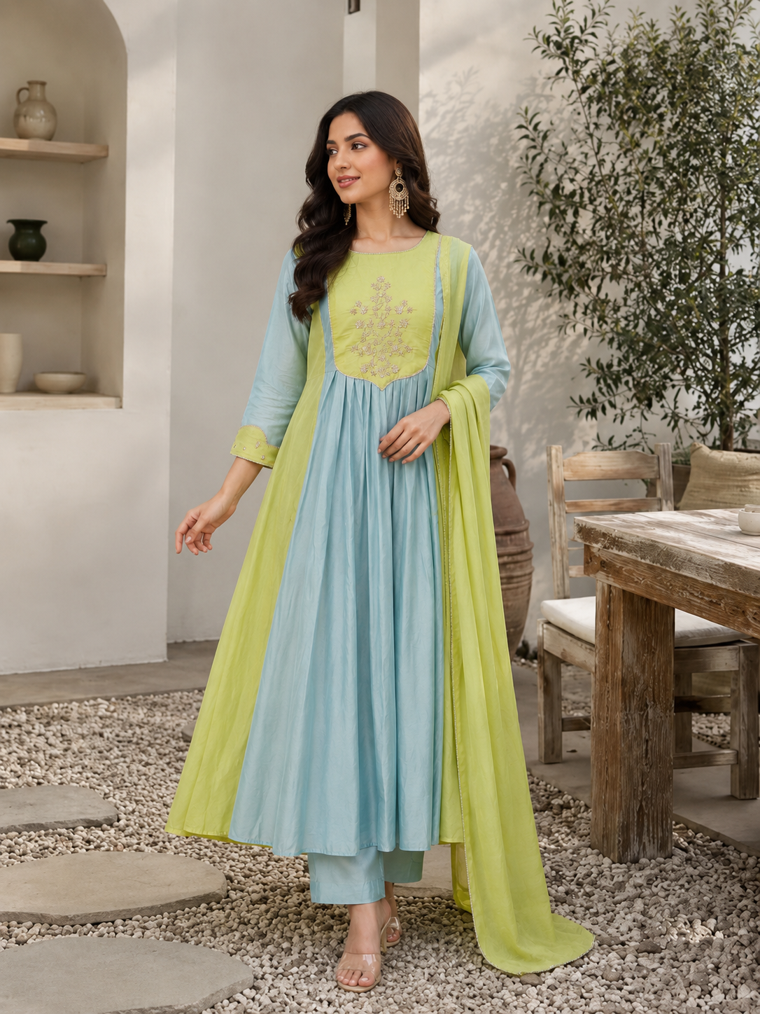 Lime Aqua Anarkali Set