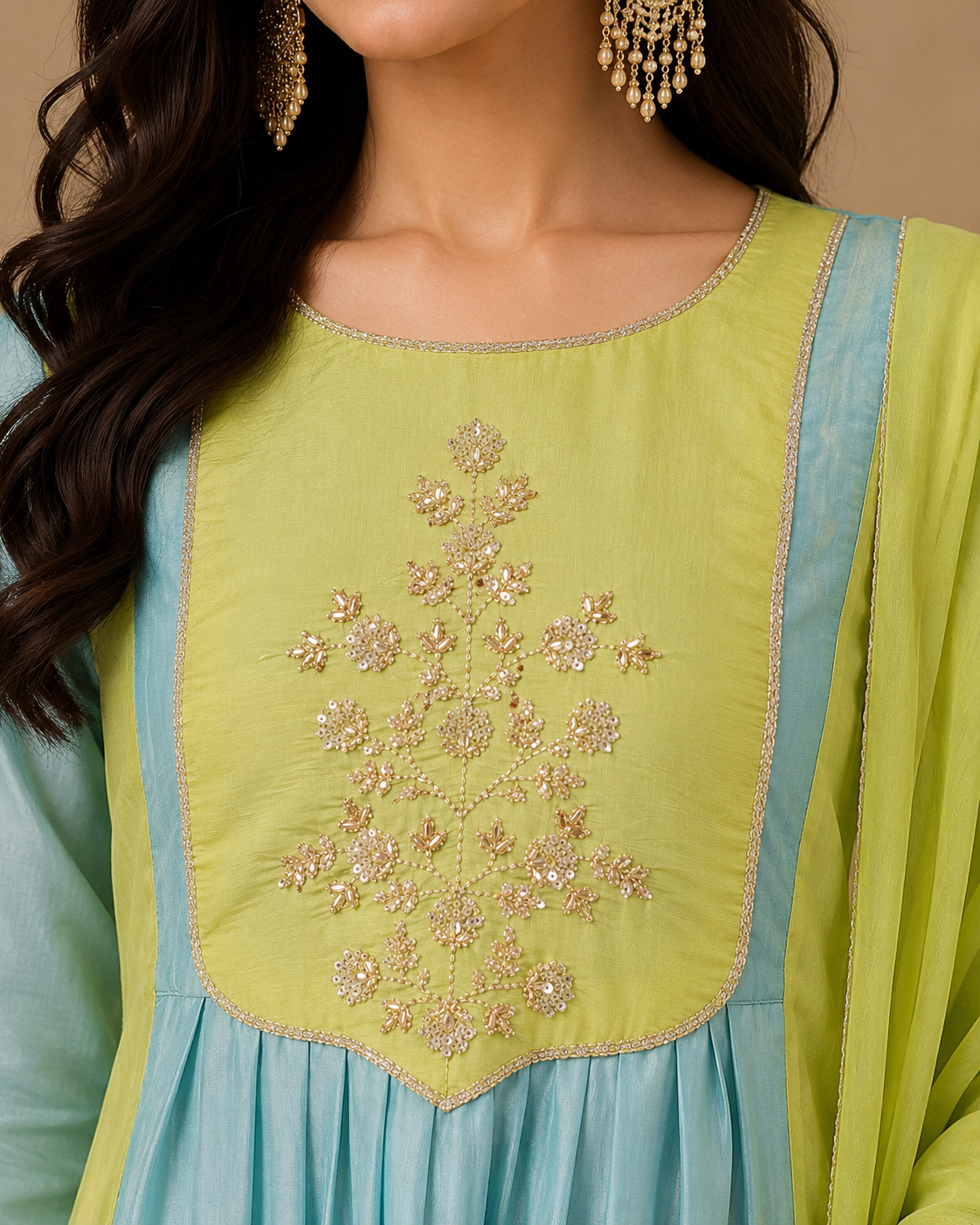 Lime Aqua Anarkali Set