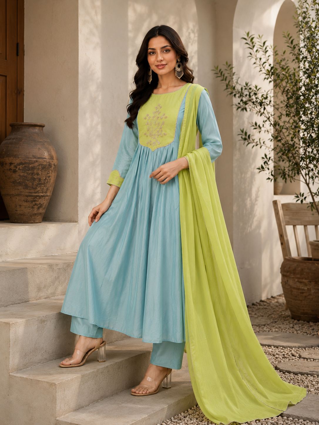 Lime Aqua Anarkali Set