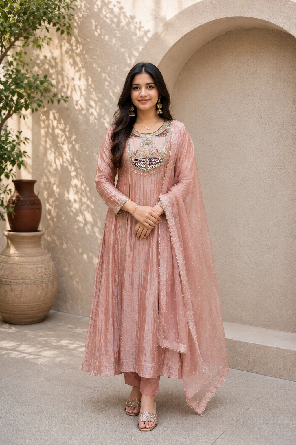 Premium Blush Pink Embroidered Anarkali Kurta Set with Dupatta