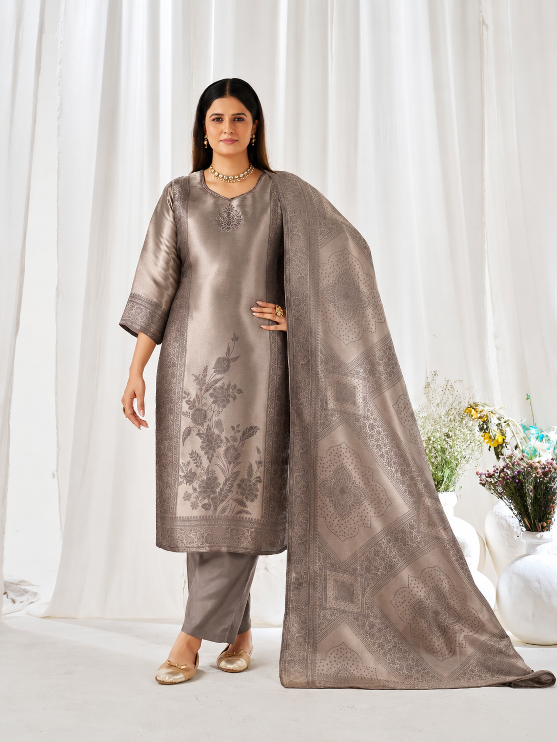 Women's Premium Taupe Woven Jacquard Straight Kurta Pant Set with Jacquard Dupatta