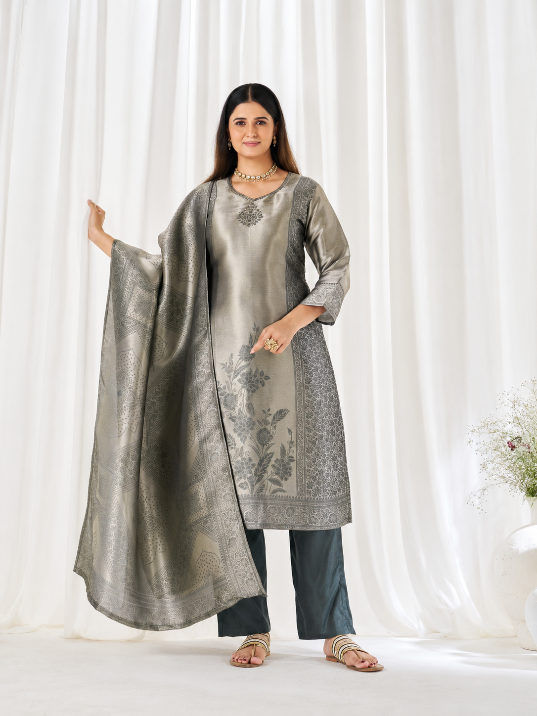 Women's Premium Sage Grey Woven Jacquard Straight Kurta Pant Set with Jacquard Dupatta