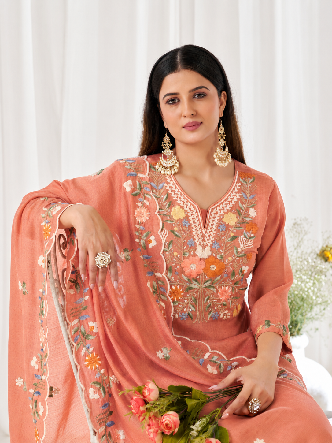 Women's Premium Peach Floral Embroidered Straight Kurta Pant Set