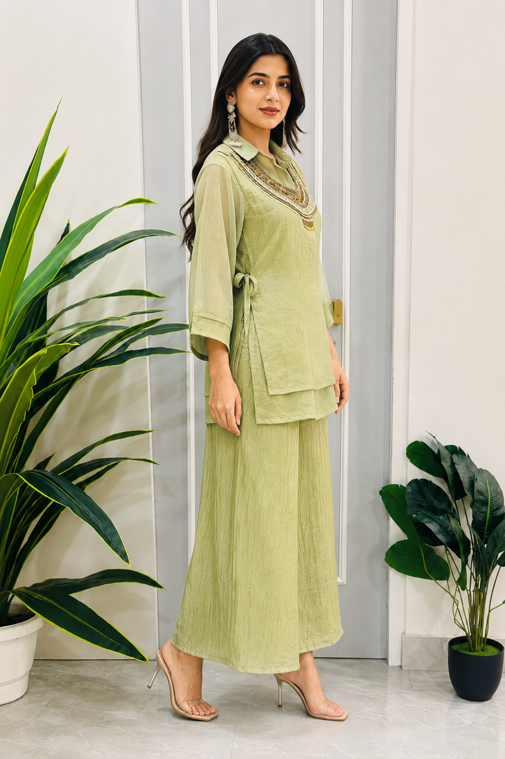 Pastel Pistachio Green Textured Kurta Palazzo Co-Ord Set with Statement Neck Embellishment