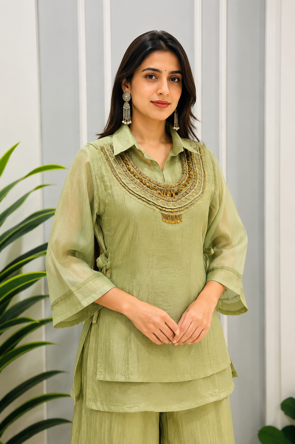 Pastel Pistachio Green Textured Kurta Palazzo Co-Ord Set with Statement Neck Embellishment