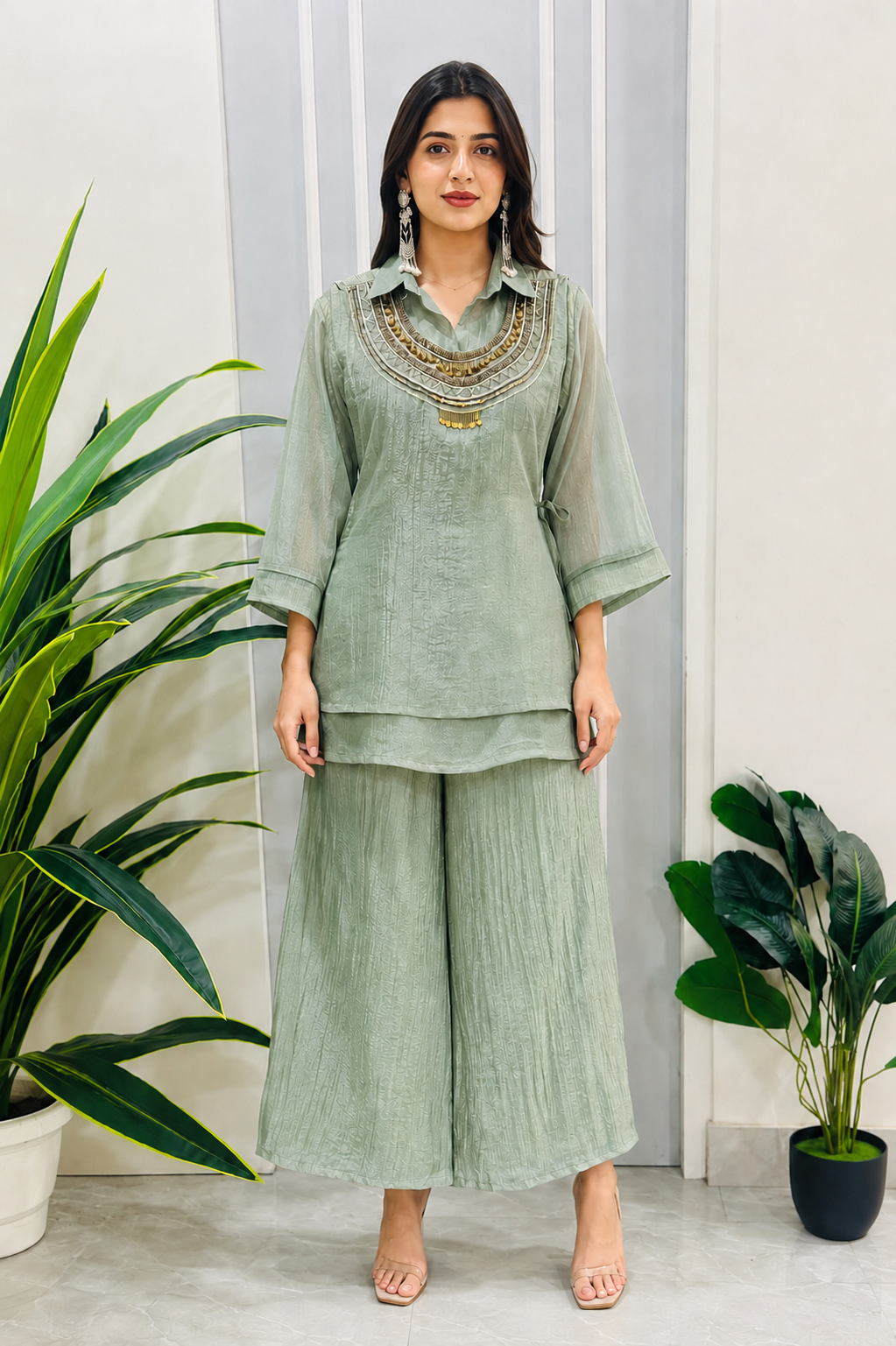 Women's Dusty Sage Green Textured Kurta Palazzo Co-Ord Set with Embellished Neck Design