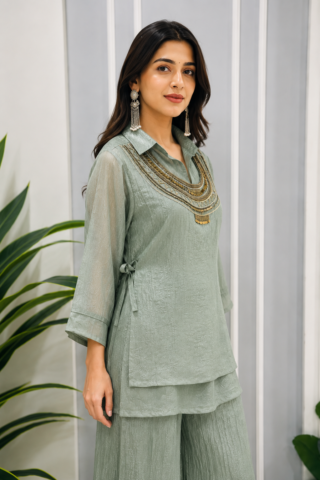 Women's Dusty Sage Green Textured Kurta Palazzo Co-Ord Set with Embellished Neck Design