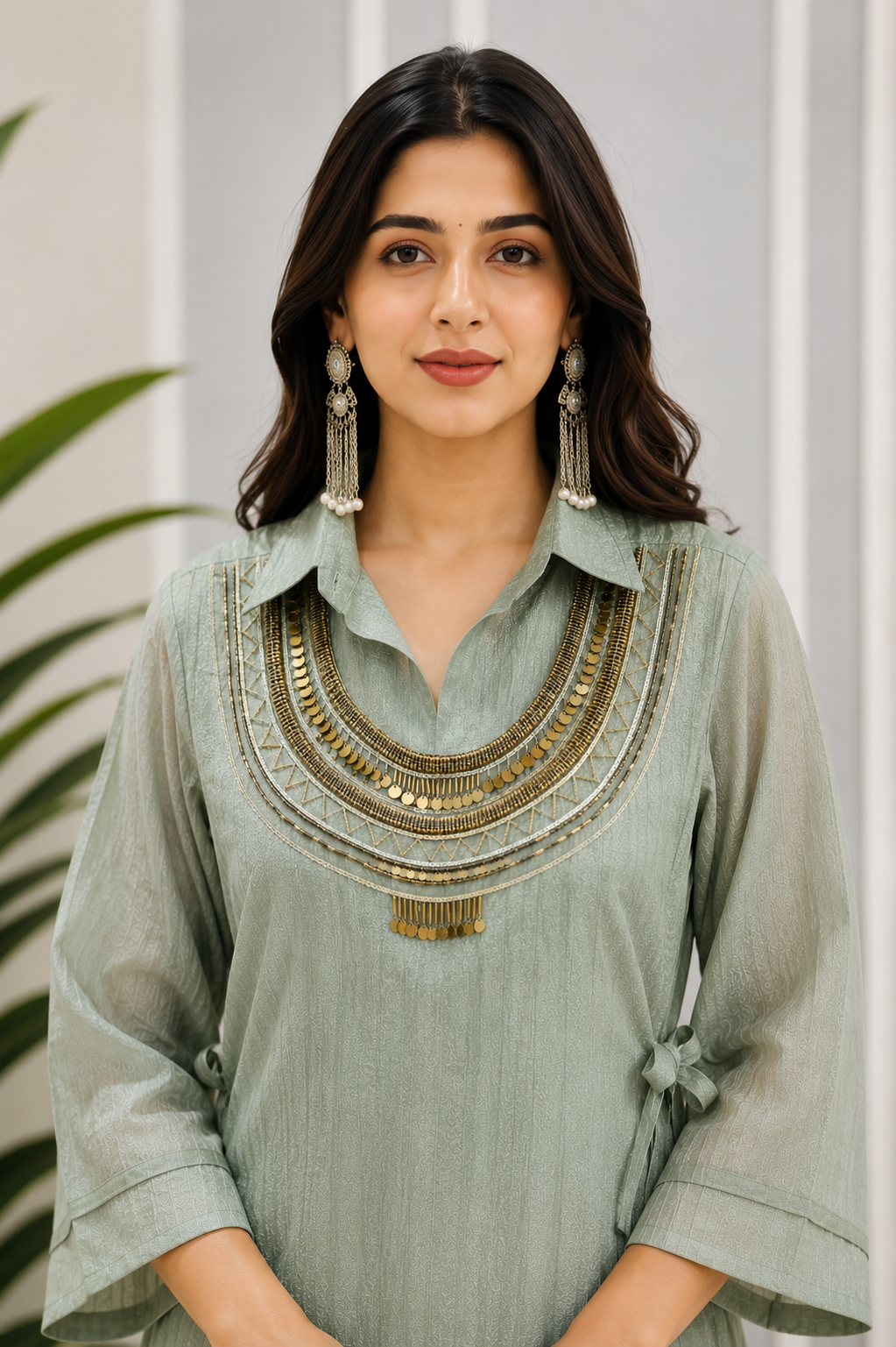 Women's Dusty Sage Green Textured Kurta Palazzo Co-Ord Set with Embellished Neck Design