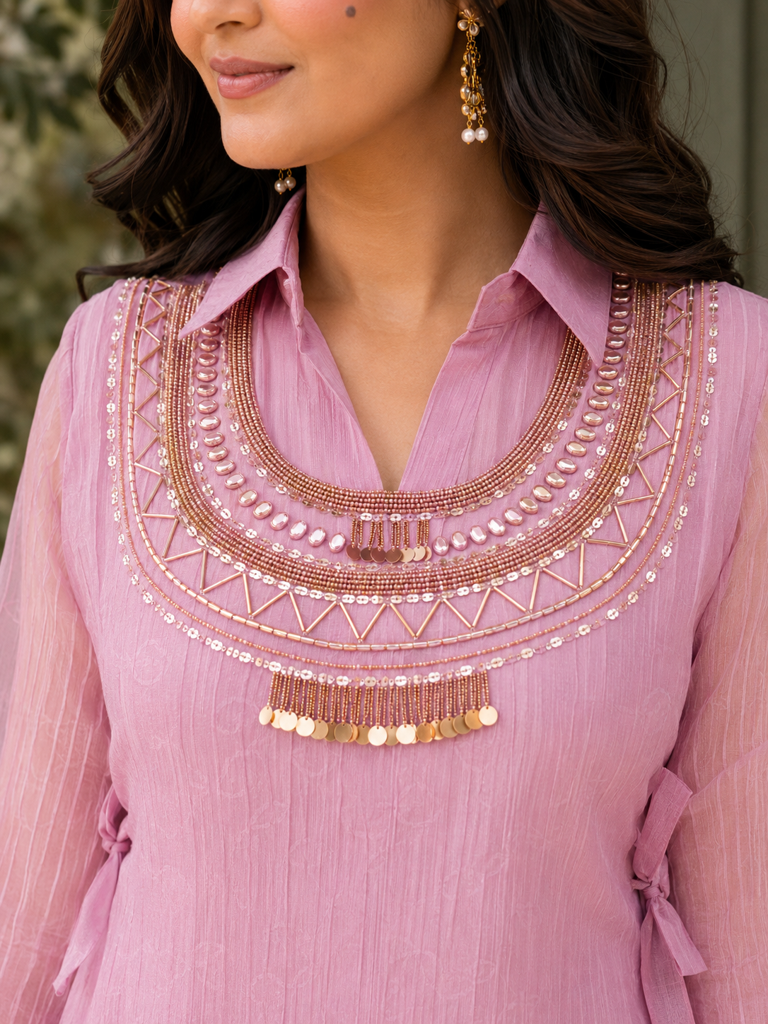 Pink Textured Kurta Palazzo Co-Ord Set with Statement Neck Embellishment