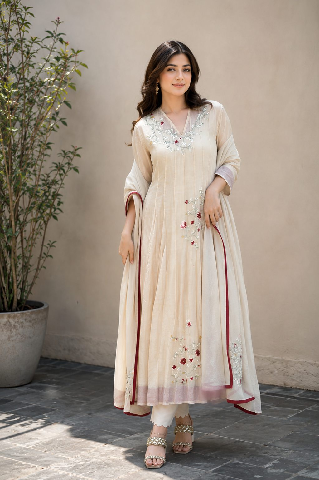 Ivory Floral Embroidered Anarkali Suit Set with Embroidered Dupatta